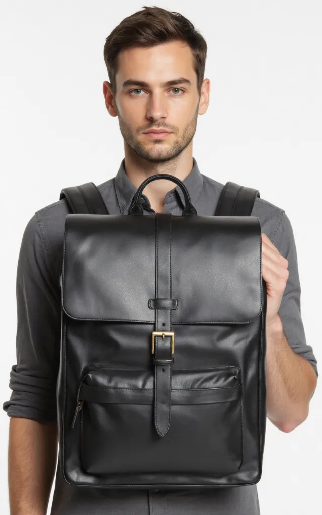 A French male model with a Buckle   closure backpack, wearing a shirt, against a white background, in a front   facing close   up